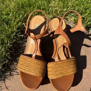 UGG Tan Sandals with Woven Strap and Ankle Design
